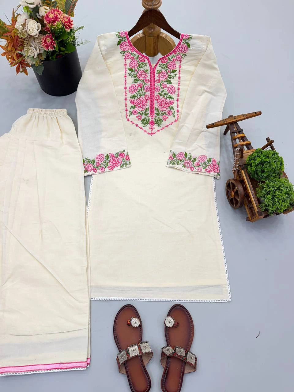 Off White Embroidered Coord Set Flat Lay With Flowers KC25